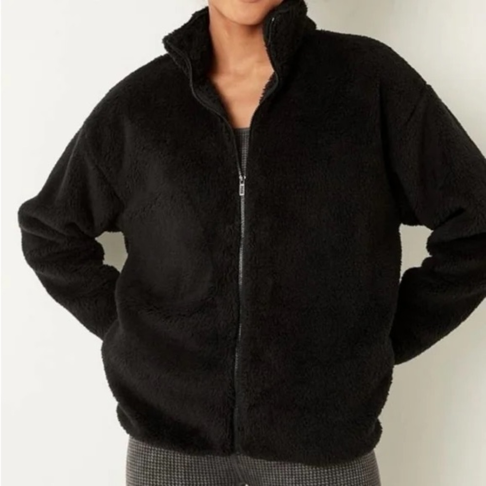 Victoria's Secret Pink Sherpa Full Zip Jacket Black Women's Fleece Jacket Size M